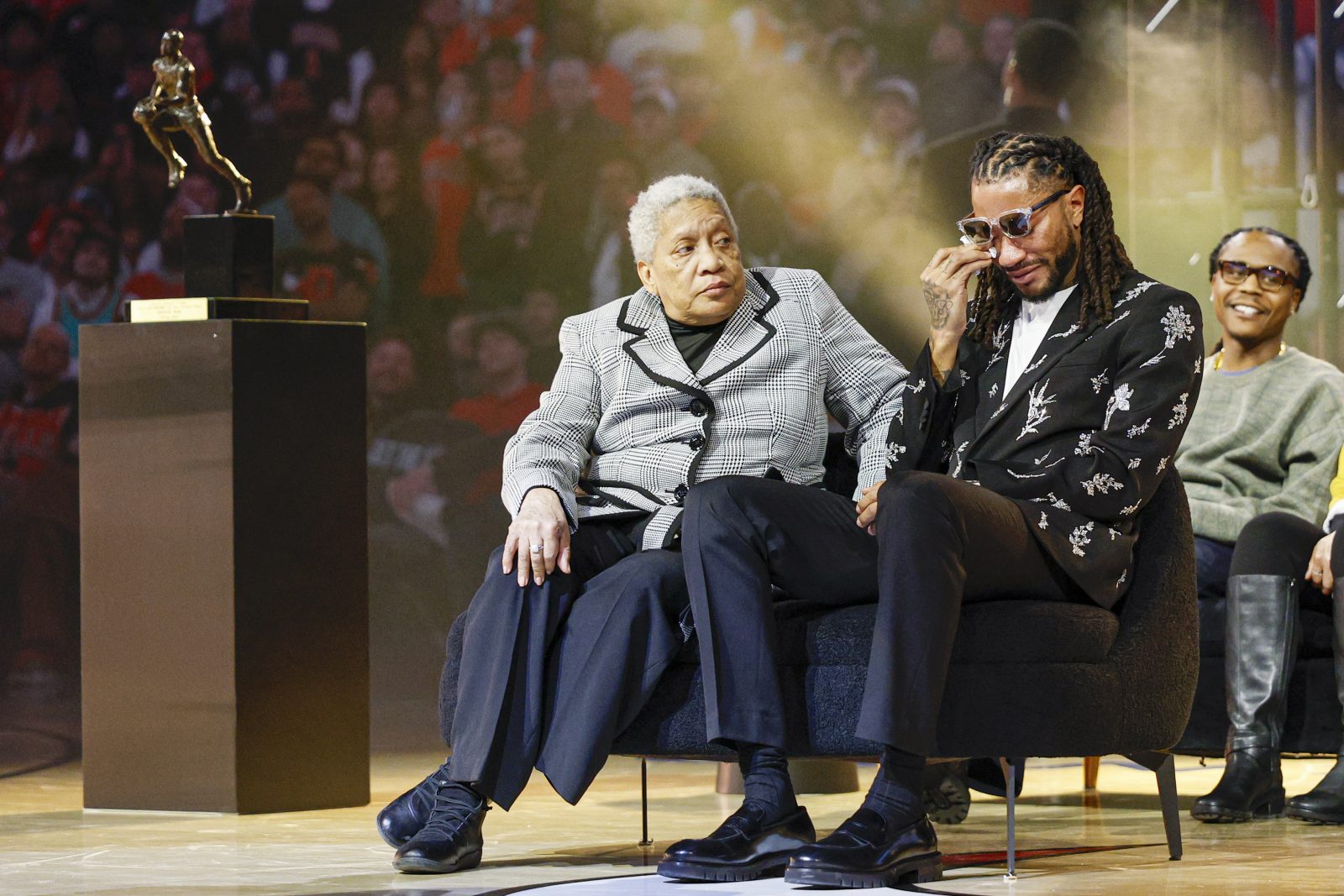 Jan 24, 2026; Chicago, Illinois, USA; Derrick Rose cries during his jersey retirement ceremony after an NBA game between the Chicago Bulls and Boston Celtics at United Center. Mandatory Credit: Kamil Krzaczynski-Imagn Images