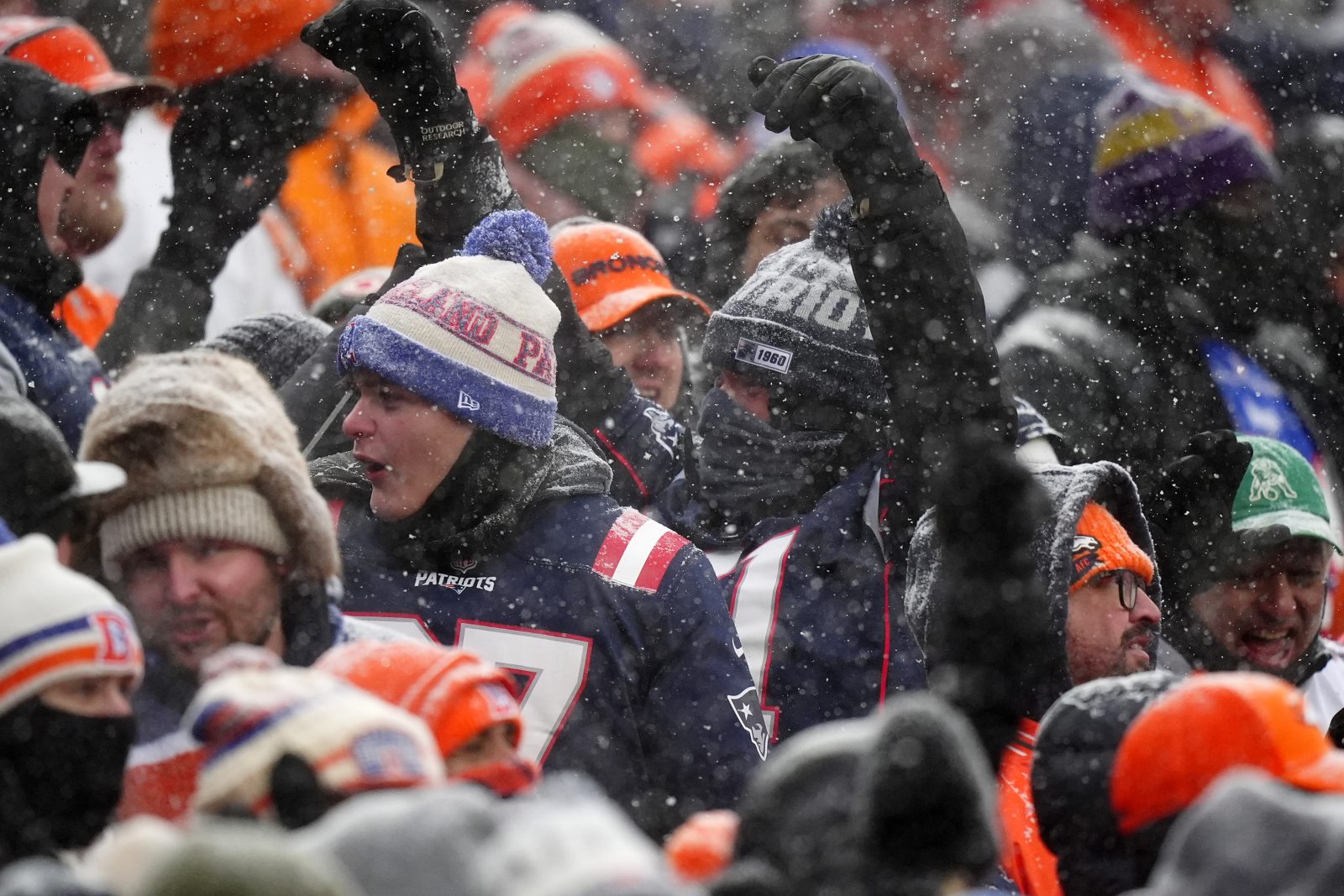 Jan 25, 2026; Denver, CO, USA; New England Patriots fans react during the second half in the 2026 AFC Championship Game at Empower Field at Mile High. Mandatory Credit: Ron Chenoy-Imagn Images