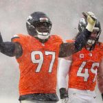 Jan 25, 2026; Denver, CO, USA; Denver Broncos defensive tackle Malcolm Roach (97) reacts against the New England Patriots during the second half in the 2026 AFC Championship Game at Empower Field at Mile High. Mandatory Credit: Ron Chenoy-Imagn Images