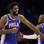 Jan 27, 2026; Philadelphia, Pennsylvania, USA; Philadelphia 76ers center Joel Embiid (21) celebrates with guard Tyrese Maxey (0) after their alley oop dunk connection against the Milwaukee Bucks during the second quarter at Xfinity Mobile Arena. Mandatory Credit: