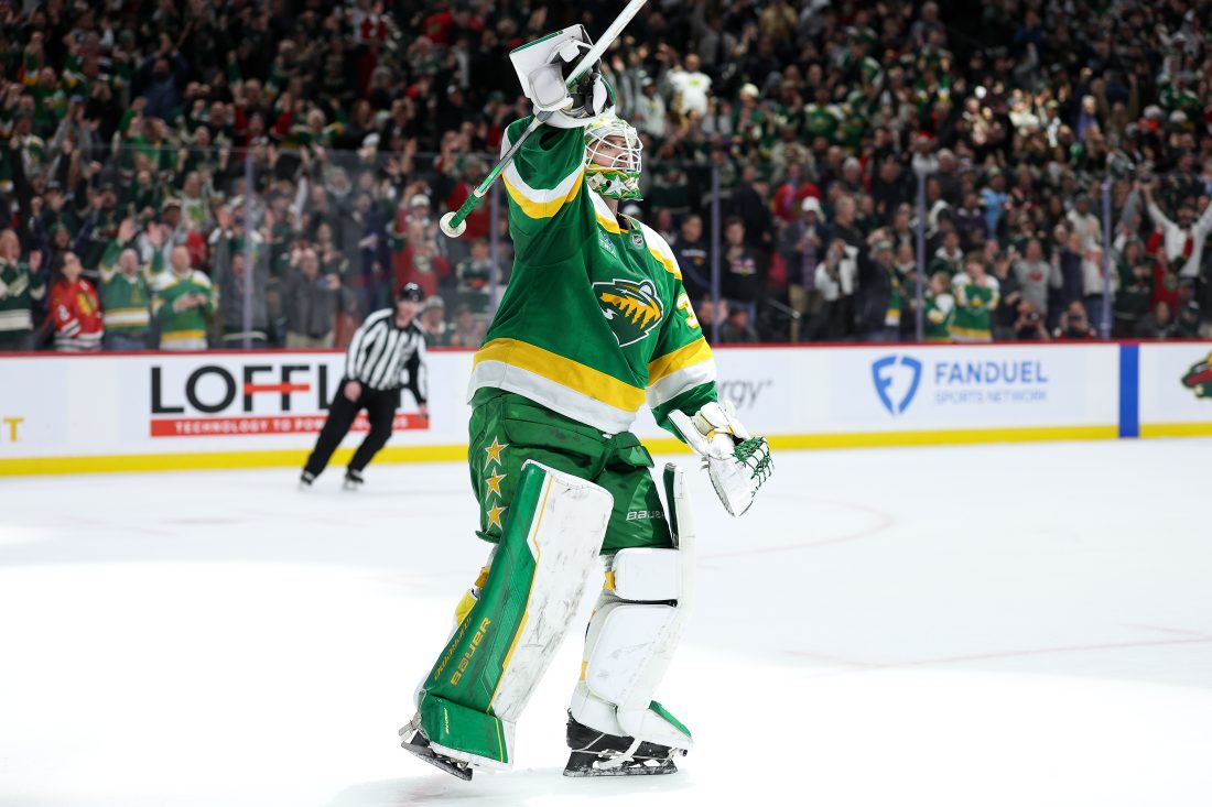 Jan 27, 2026; Saint Paul, Minnesota, USA; Minnesota Wild goaltender Jesper Wallstedt (30) celebrates his teams shootout win against the Chicago Blackhawks at Grand Casino Arena. Mandatory Credit: Matt Krohn-Imagn Images