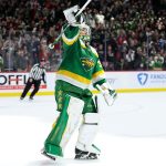 Jan 27, 2026; Saint Paul, Minnesota, USA; Minnesota Wild goaltender Jesper Wallstedt (30) celebrates his teams shootout win against the Chicago Blackhawks at Grand Casino Arena. Mandatory Credit: Matt Krohn-Imagn Images