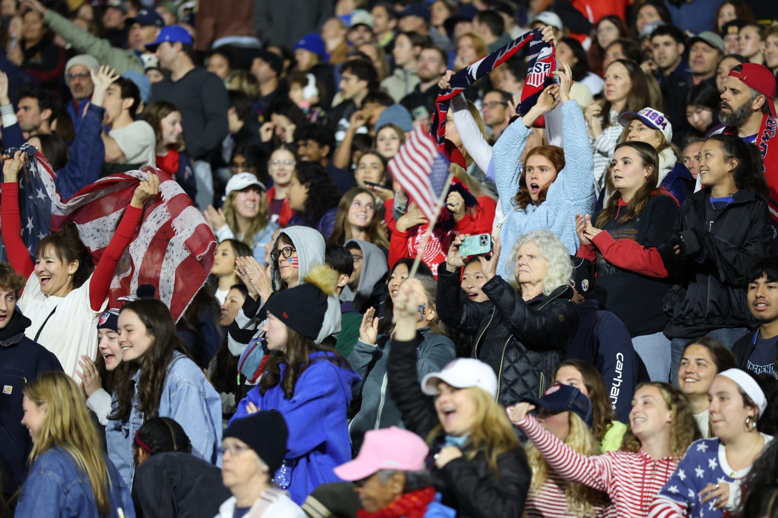 Jan 27, 2026; Santa Barbara, California, USA; Fans cheer on the United States during the second half at Harder Stadium. Mandatory Credit: Will Navarro-Imagn Images