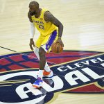 Jan 28, 2026; Cleveland, Ohio, USA; Los Angeles Lakers forward LeBron James (23) brings the ball up court in the fourth quarter against the Cleveland Cavaliers at Rocket Arena. Mandatory Credit: David Richard-Imagn Images