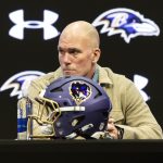 Jan 29, 2026; Owings Mills, MD, USA; Eric DeCosta during press conference at Under Armour Performance Center.