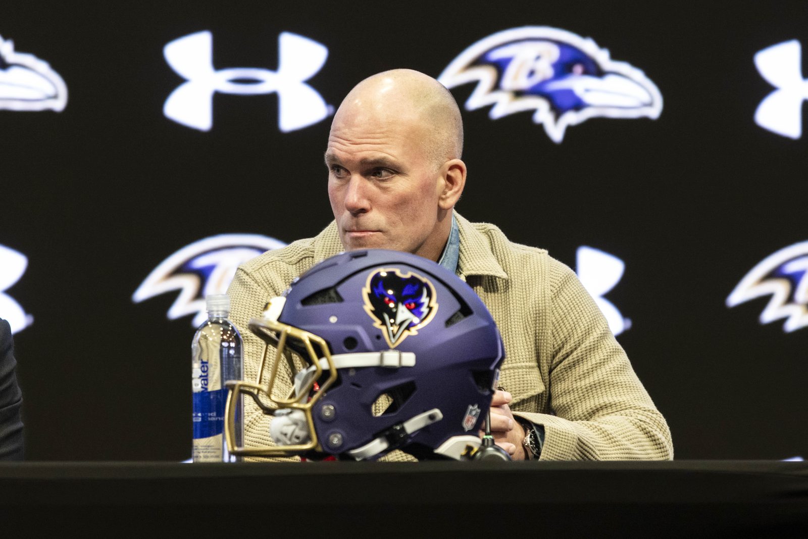 Jan 29, 2026; Owings Mills, MD, USA; Eric DeCosta during press conference at Under Armour Performance Center.