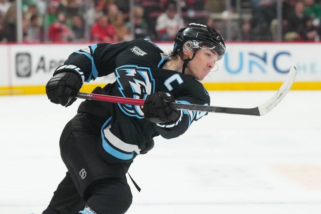 Jan 29, 2026; Raleigh, North Carolina, USA; Utah Mammoth right wing Clayton Keller (9) takes s shot against the Carolina Hurricanes during the second period at Lenovo Center. Mandatory Credit: James Guillory-Imagn Images
