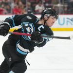 Jan 29, 2026; Raleigh, North Carolina, USA; Utah Mammoth right wing Clayton Keller (9) takes s shot against the Carolina Hurricanes during the second period at Lenovo Center. Mandatory Credit: James Guillory-Imagn Images