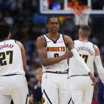 Jan 29, 2026; Denver, Colorado, USA; Denver Nuggets guard Peyton Watson (8) and guard Jamal Murray (27) during the first quarter against the Brooklyn Nets at Ball Arena. Mandatory Credit: Ron Chenoy-Imagn Images