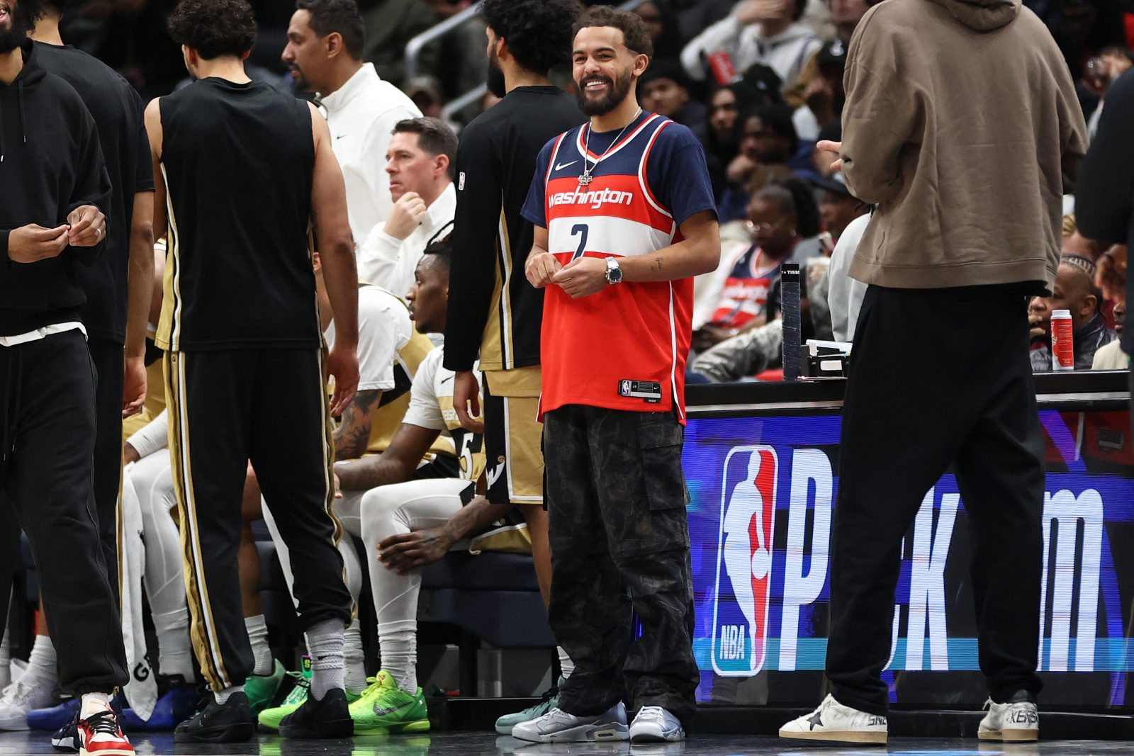 Jan 29, 2026; Washington, District of Columbia, USA; Washington Wizards guard Trae Young (3) looks on during the second half against the Milwaukee Bucks at Capital One Arena. Mandatory Credit: Daniel Kucin Jr.-Imagn Images