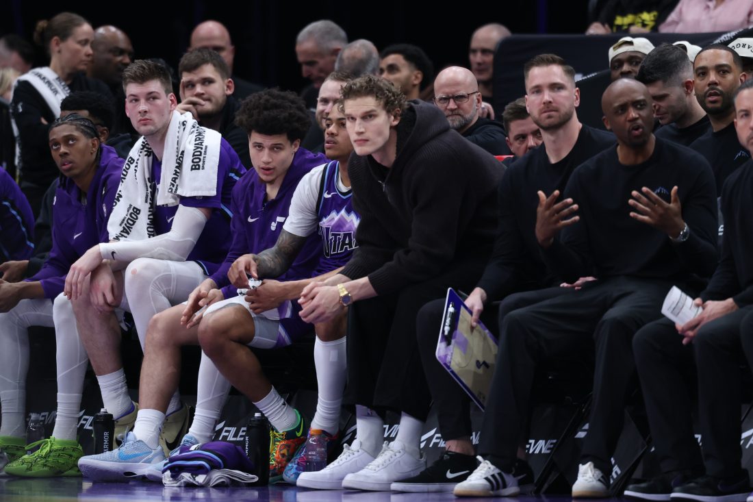Jan 30, 2026; Salt Lake City, Utah, USA; Utah Jazz forward Lauri Markkanen (center) watches play from the bench during the second half against the Brooklyn Nets at Delta Center. Mandatory Credit: Rob Gray-Imagn Images