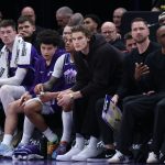 Jan 30, 2026; Salt Lake City, Utah, USA; Utah Jazz forward Lauri Markkanen (center) watches play from the bench during the second half against the Brooklyn Nets at Delta Center. Mandatory Credit: Rob Gray-Imagn Images