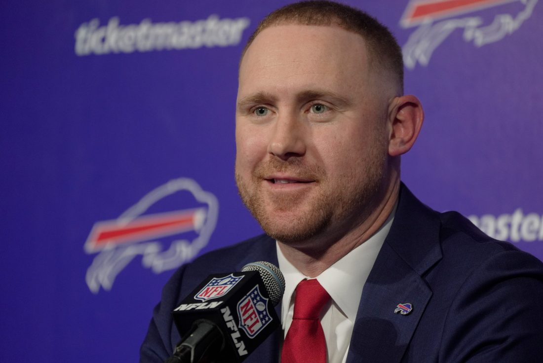 New Bills head coach Joe Brady talks about some of his vision as coach at the Bills field house in Orchard Park on Jan. 29, 2026.