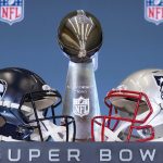 Feb 2, 2026; San Jose, CA, USA; The Seattle Seahawks and New England Patriots helmets are displayed with the Vince Lombardi Trophy before a press conference for NFL commissioner Roger Goodell at San Jose Convention Center. Mandatory Credit: Kirby Lee-Imagn Images