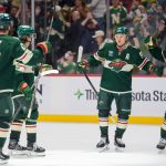 Feb 2, 2026; Saint Paul, Minnesota, USA; Minnesota Wild left wing Kirill Kaprizov (97) is congratulated by teammates for scoring the game winner in overtime against the Montreal Canadiens at Grand Casino Arena. Mandatory Credit: Matt Blewett-Imagn Images