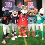 Feb 2, 2026; San Francisco, CA, USA; Houston Texans, New England Patriots, Kansas City Chiefs, Tennessee Titans and Miami Dolphins mascots pose during AFC practice at the NFL Flag Fieldhouse at Moscone Center South Building. Mandatory Credit: Kirby Lee-Imagn Images