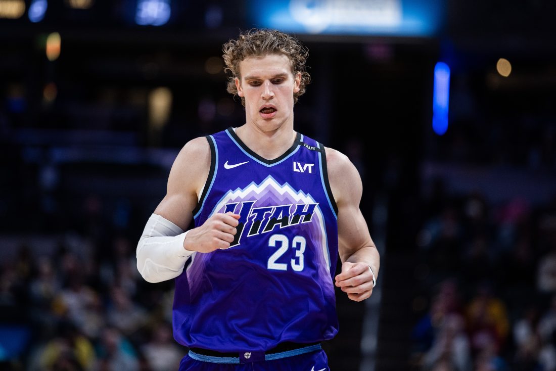 Feb 3, 2026; Indianapolis, Indiana, USA; Utah Jazz forward/center Lauri Markkanen (23) in the first half against the Indiana Pacers at Gainbridge Fieldhouse. Mandatory Credit: Trevor Ruszkowski-Imagn Images