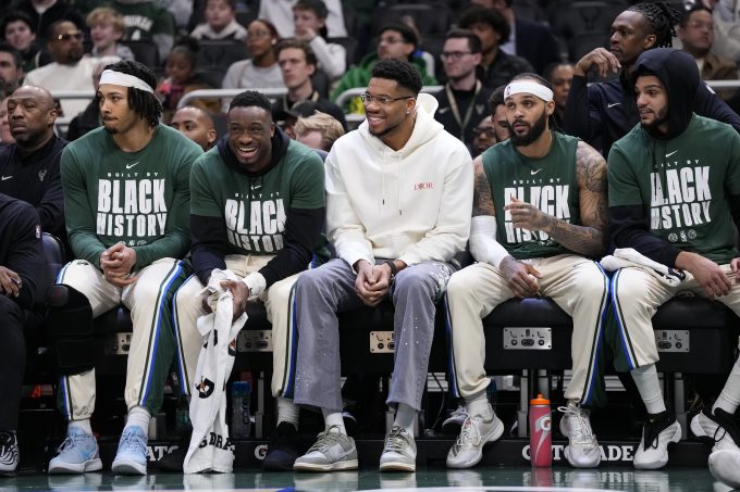 Feb 4, 2026; Milwaukee, Wisconsin, USA; Milwaukee Bucks forward Giannis Antetokounmpo looks on from the bench during the first quarter against the New Orleans Pelicans at Fiserv Forum. Mandatory Credit: Jeff Hanisch-Imagn Images