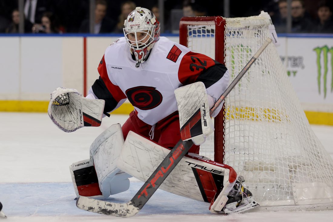Feb 5, 2026; New York, New York, USA; Carolina Hurricanes goaltender Brandon Bussi (32) tends net against the New York Rangers during the second period at Madison Square Garden. Mandatory Credit: Brad Penner-Imagn Images