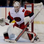 Feb 5, 2026; New York, New York, USA; Carolina Hurricanes goaltender Brandon Bussi (32) tends net against the New York Rangers during the second period at Madison Square Garden. Mandatory Credit: Brad Penner-Imagn Images