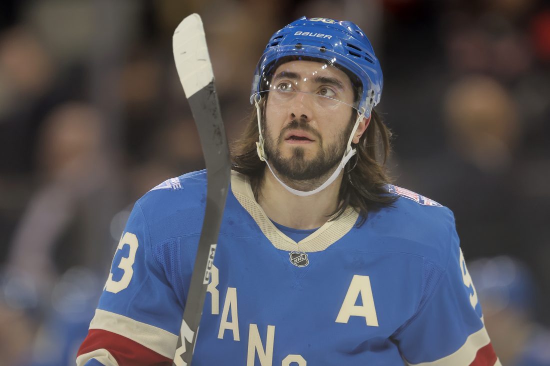 Feb 5, 2026; New York, New York, USA; New York Rangers center Mika Zibanejad (93) skates against the Carolina Hurricanes during the first period at Madison Square Garden. Mandatory Credit: Brad Penner-Imagn Images