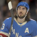 Feb 5, 2026; New York, New York, USA; New York Rangers center Mika Zibanejad (93) skates against the Carolina Hurricanes during the first period at Madison Square Garden. Mandatory Credit: Brad Penner-Imagn Images