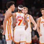 Feb 5, 2026; Atlanta, Georgia, USA; Atlanta Hawks guard Nickeil Alexander-Walker (7) celebrates with forward Jalen Johnson (1) and center Jock Landale (31) and guard Dyson Daniels (5) after a go-ahead basket against the Utah Jazz in the fourth quarter at State Farm Arena. Mandatory Credit: