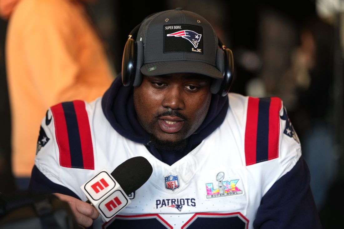 Feb 5, 2026; Santa Clara, CA, USA; New England Patriots defensive tackle Christian Barmore (90) talks to media members at the Santa Clara Marriott. Mandatory Credit: Darren Yamashita-Imagn Images