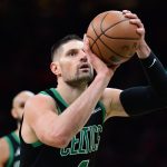 Feb 6, 2026; Boston, Massachusetts, USA; Boston Celtics center Nikola Vucevic (4) shoots a free throw during the second half against the Miami Heat at TD Garden.