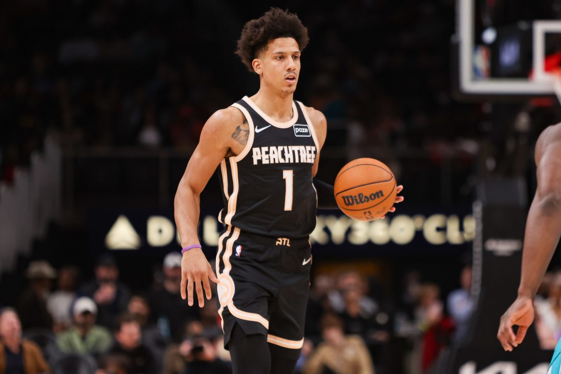 Feb 7, 2026; Atlanta, Georgia, USA; Atlanta Hawks forward Jalen Johnson (1) handles the ball against the Charlotte Hornets in the second quarter at State Farm Arena. Mandatory Credit: Brett Davis-Imagn Images