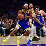 Feb 7, 2026; Los Angeles, California, USA; Golden State Warriors guard Moses Moody (4) moves to the basket against the Los Angeles Lakers during the second half at Crypto.com Arena. Mandatory Credit: Gary A. Vasquez-Imagn Images