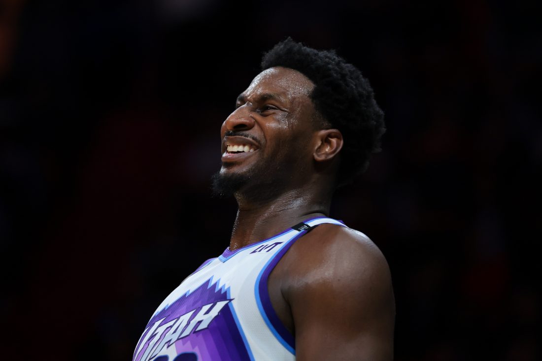 Feb 9, 2026; Miami, Florida, USA; Utah Jazz forward Jaren Jackson Jr. (20) reacts against the Miami Heat during the second quarter at Kaseya Center. Mandatory Credit: Sam Navarro-Imagn Images