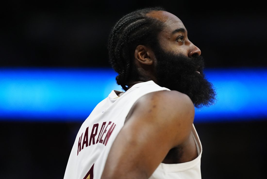 Feb 9, 2026; Denver, Colorado, USA; Cleveland Cavaliers guard James Harden (1) in the first quarter against the Denver Nuggets at Ball Arena. Mandatory Credit:
