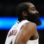 Feb 9, 2026; Denver, Colorado, USA; Cleveland Cavaliers guard James Harden (1) in the first quarter against the Denver Nuggets at Ball Arena. Mandatory Credit: