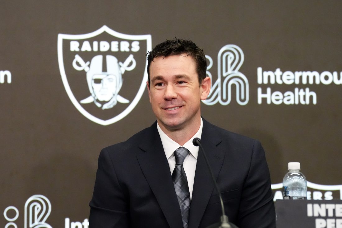 Feb 10, 2026; Henderson, NV, USA; Las Vegas Raiders coach Klint Kubiak speaks at introductory press conference at Intermountain Health Performance Center. Mandatory Credit: Kirby Lee-Imagn Images