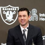Feb 10, 2026; Henderson, NV, USA; Las Vegas Raiders coach Klint Kubiak speaks at introductory press conference at Intermountain Health Performance Center. Mandatory Credit: Kirby Lee-Imagn Images