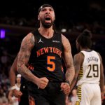 Feb 10, 2026; New York, New York, USA; New York Knicks guard Jose Alvarado (5) reacts after a basket and a foul against the Indiana Pacers during the fourth quarter at Madison Square Garden. Mandatory Credit: