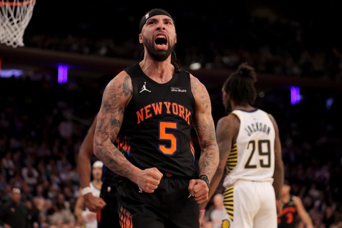 Feb 10, 2026; New York, New York, USA; New York Knicks guard Jose Alvarado (5) reacts after a basket and a foul against the Indiana Pacers during the fourth quarter at Madison Square Garden. Mandatory Credit: