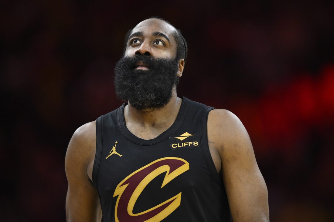 Feb 11, 2026; Cleveland, Ohio, USA; Cleveland Cavaliers guard James Harden (1) stands on the court in the fourth quarter against the Washington Wizards at Rocket Arena.