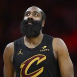 Feb 11, 2026; Cleveland, Ohio, USA; Cleveland Cavaliers guard James Harden (1) stands on the court in the fourth quarter against the Washington Wizards at Rocket Arena.