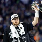 Feb 8, 2026; Santa Clara, CA, USA; Seattle Seahawks quarterback Sam Darnold (14) celebrates with the Vince Lombardi Trophy after defeating the New England Patriots during Super Bowl LX at Levi's Stadium. Mandatory Credit: Mark J. Rebilas-Imagn Images