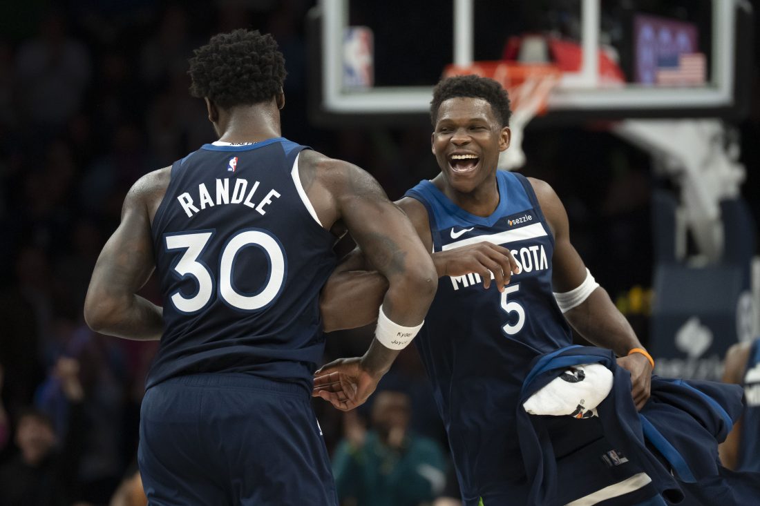Feb 11, 2026; Minneapolis, Minnesota, USA; Minnesota Timberwolves forward Julius Randle (30) celebrates making a shot with guard Anthony Edwards (5) against the Portland Trail Blazers in the second half at Target Center. Mandatory Credit: Jesse Johnson-Imagn Images