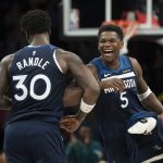 Feb 11, 2026; Minneapolis, Minnesota, USA; Minnesota Timberwolves forward Julius Randle (30) celebrates making a shot with guard Anthony Edwards (5) against the Portland Trail Blazers in the second half at Target Center. Mandatory Credit: Jesse Johnson-Imagn Images