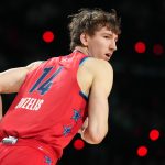Feb 13, 2026; Inglewood, California, USA; Team Vince frontcourt Matas Buzelis (14) of the Chicago Bulls reacts during an NBA All Star Rising Stars championship game at Intuit Dome. Mandatory Credit: Kirby Lee-Imagn Images