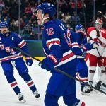 [US, Mexico & Canada customers only] Feb 14, 2026; Milan, Italy; Matt Boldy of United States celebrates scoring their first goal against Denmark in men's ice hockey group C play during the Milano Cortina 2026 Olympic Winter Games at Milano Santagiulia Ice Hockey Arena. Mandatory Credit: Marton Monus/Reuters via Imagn Images