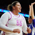Iowa State Cyclones' center Audi Crooks (55) reacts after a score against Kansas State during the second quarter in the Big-12 conference women’s basketball on Feb. 15, 2026, at Hilton Coliseum, in Ames, Iowa.
