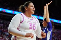 Iowa State Cyclones' center Audi Crooks (55) reacts after a score against Kansas State during the second quarter in the Big-12 conference women’s basketball on Feb. 15, 2026, at Hilton Coliseum, in Ames, Iowa.