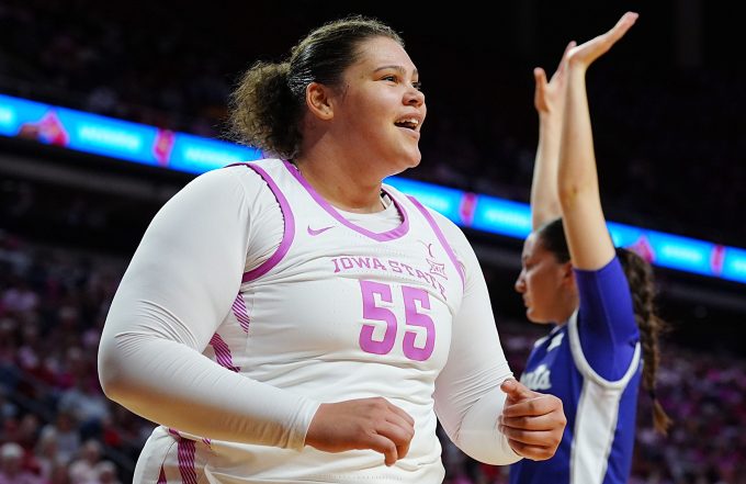 Iowa State Cyclones' center Audi Crooks (55) reacts after a score against Kansas State during the second quarter in the Big-12 conference women’s basketball on Feb. 15, 2026, at Hilton Coliseum, in Ames, Iowa.