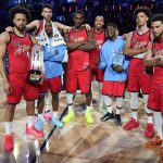 Feb 15, 2026; Inglewood, California, USA; Team USA Stars players, forward Scottie Barnes of the Toronto Raptors (4), guard Devin Booker of the Phoenix Suns (1), guard Cade Cunningham (2)and center Jalen Duren (0) of the Detroit Pistons, guard Anthony Edwards of the Minnesota Timberwolves, center Chet Holmgren of the Oklahoma City Thunder (7), forward Jalen Johnson of the Atlanta Hawks and guard Tyrese Maxey of the Philadelphia 76ers (0), pose for a photo after winning the All Star Championships against Team Stripes during the 75th NBA All Star Game at Intuit Dome. Mandatory Credit: Kirby Lee-Imagn Images