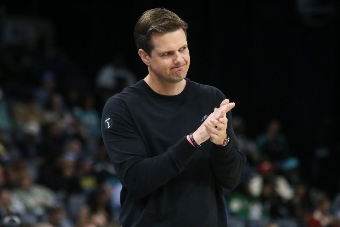 Feb 20, 2026; Memphis, Tennessee, USA; Utah Jazz head coach Will Hardy reacts during the third quarter against the Memphis Grizzlies at FedExForum. Mandatory Credit: Petre Thomas-Imagn Images